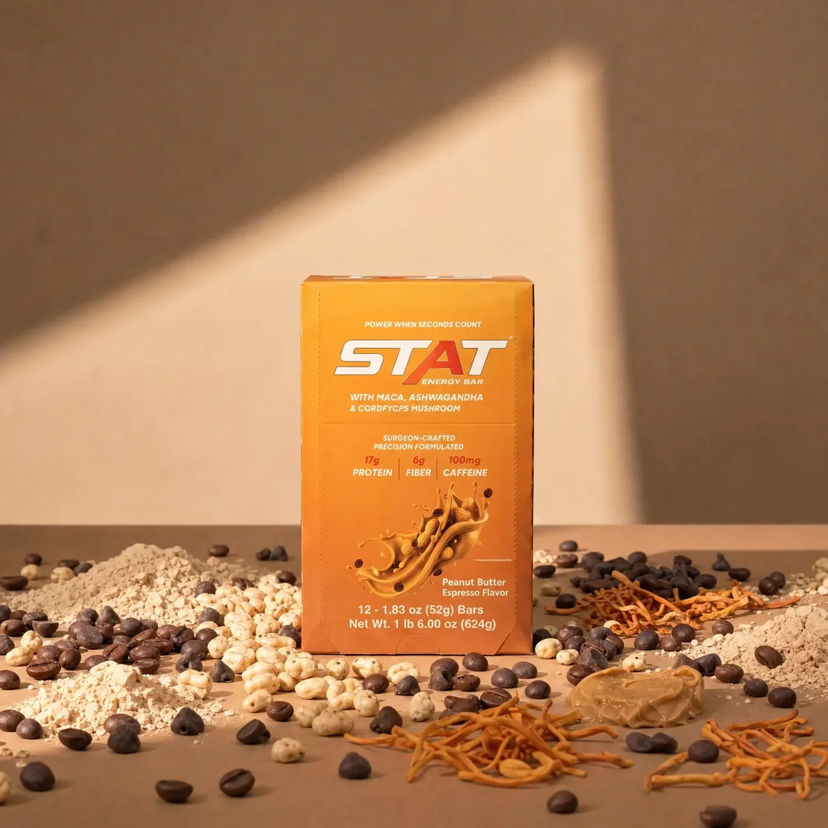 STAT Peanut Butter Espresso 12-count box with ingredients