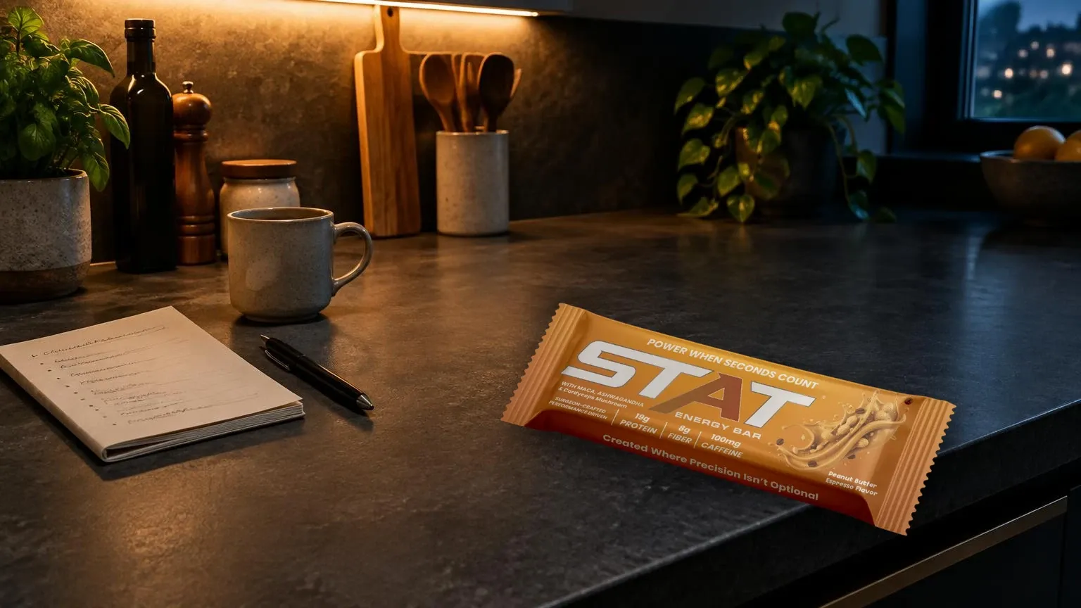 STAT Peanut Butter Espresso Energy Bar wrapper on a kitchen counter beside a folded ingredient list notepad.
