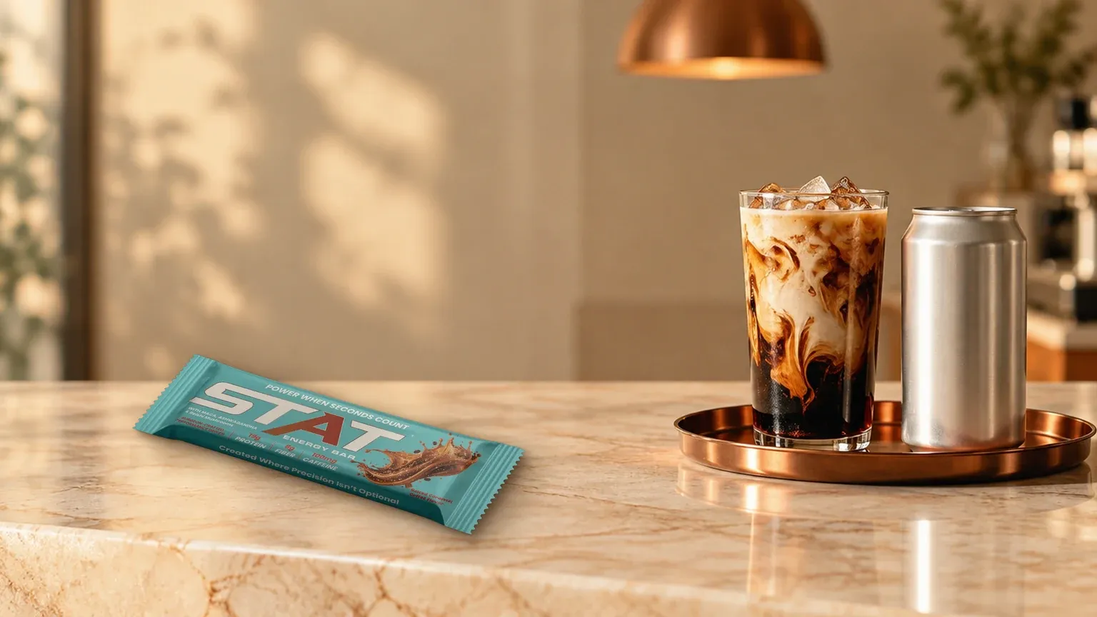 Real STAT Salted Caramel Coffee Energy Bar on a cream marble counter in warm light beside a glass of iced cold brew with milk and a plain unlabeled can on a copper tray.