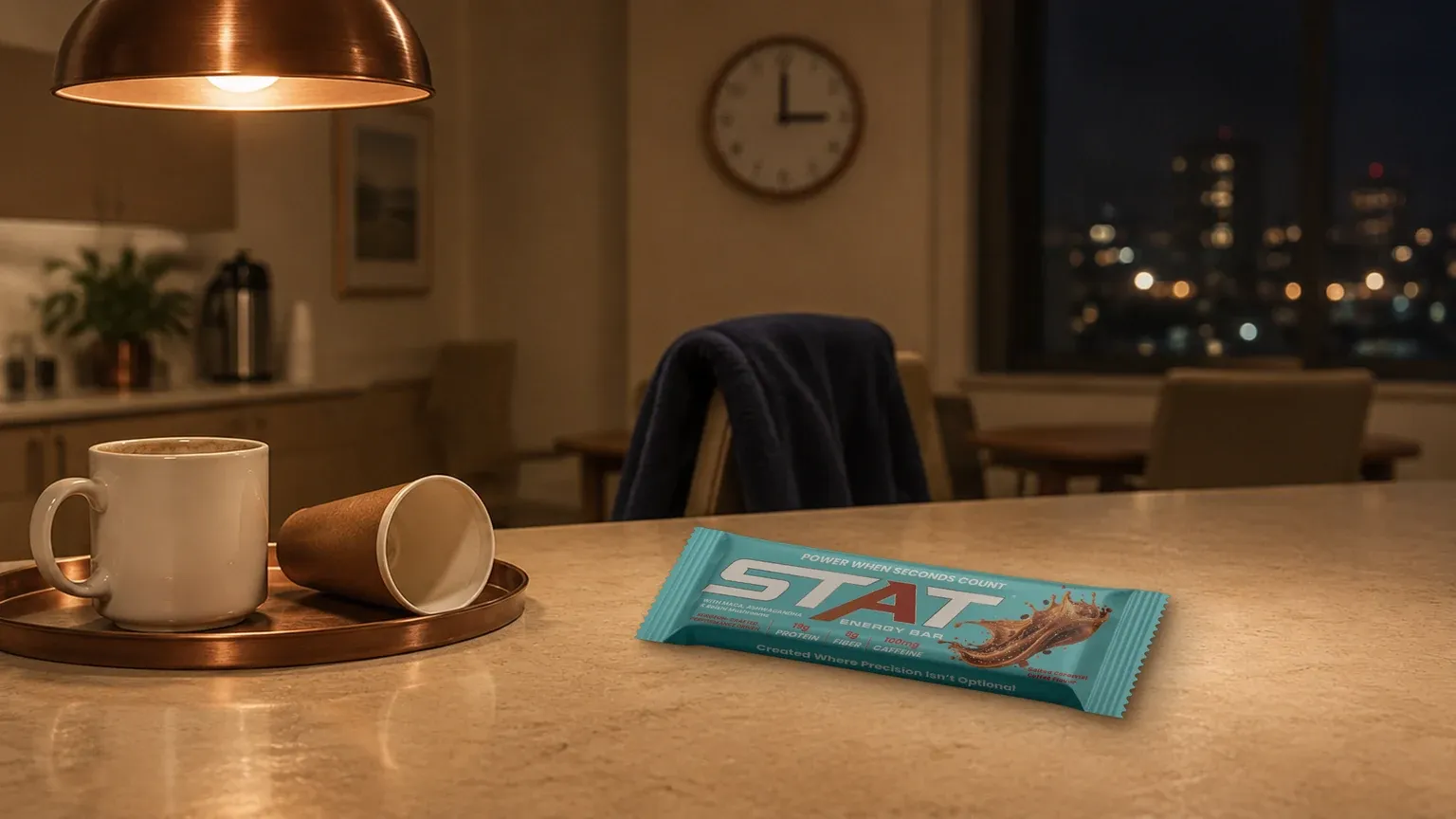 Empty coffee mug and a tipped-over paper cup on a copper tray in a quiet break room at 3am, with a real STAT Salted Caramel Coffee Energy Bar on the cream counter.