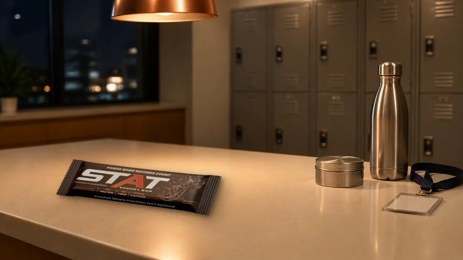 Real STAT Chocolate Energy Bar on a cream break room counter at night beside a plain unlabeled metal tin, a stainless water bottle and an ID badge, with staff lockers and a copper pendant lamp behind.