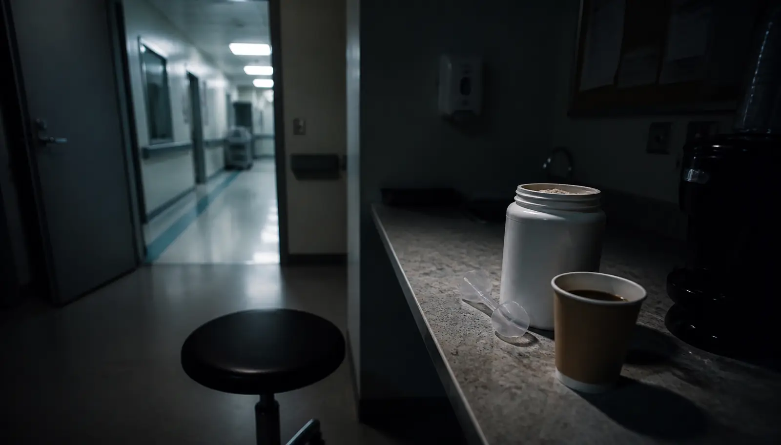Night hospital break room counter with a paper cup of coffee, an unlabeled powder tub and scoop, and an empty stool under fluorescent light.