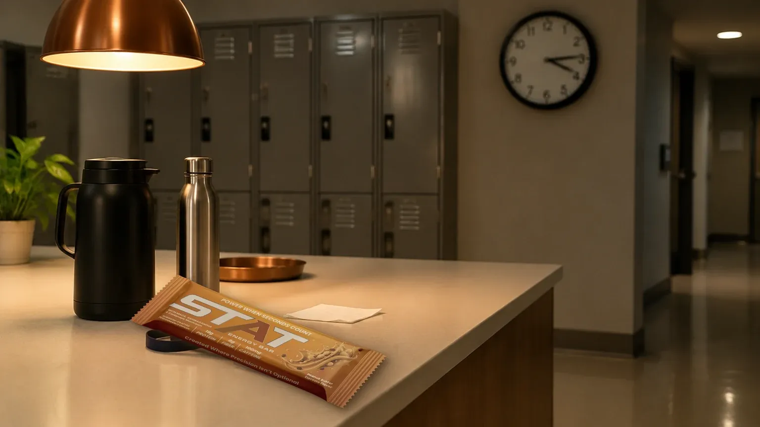 Real STAT Peanut Butter Espresso Energy Bar in the foreground of a cream break room counter at night under a copper pendant lamp, beside a black thermos, a stainless steel water bottle, and an ID lanyard, with gray lockers and a round wall clock behind.