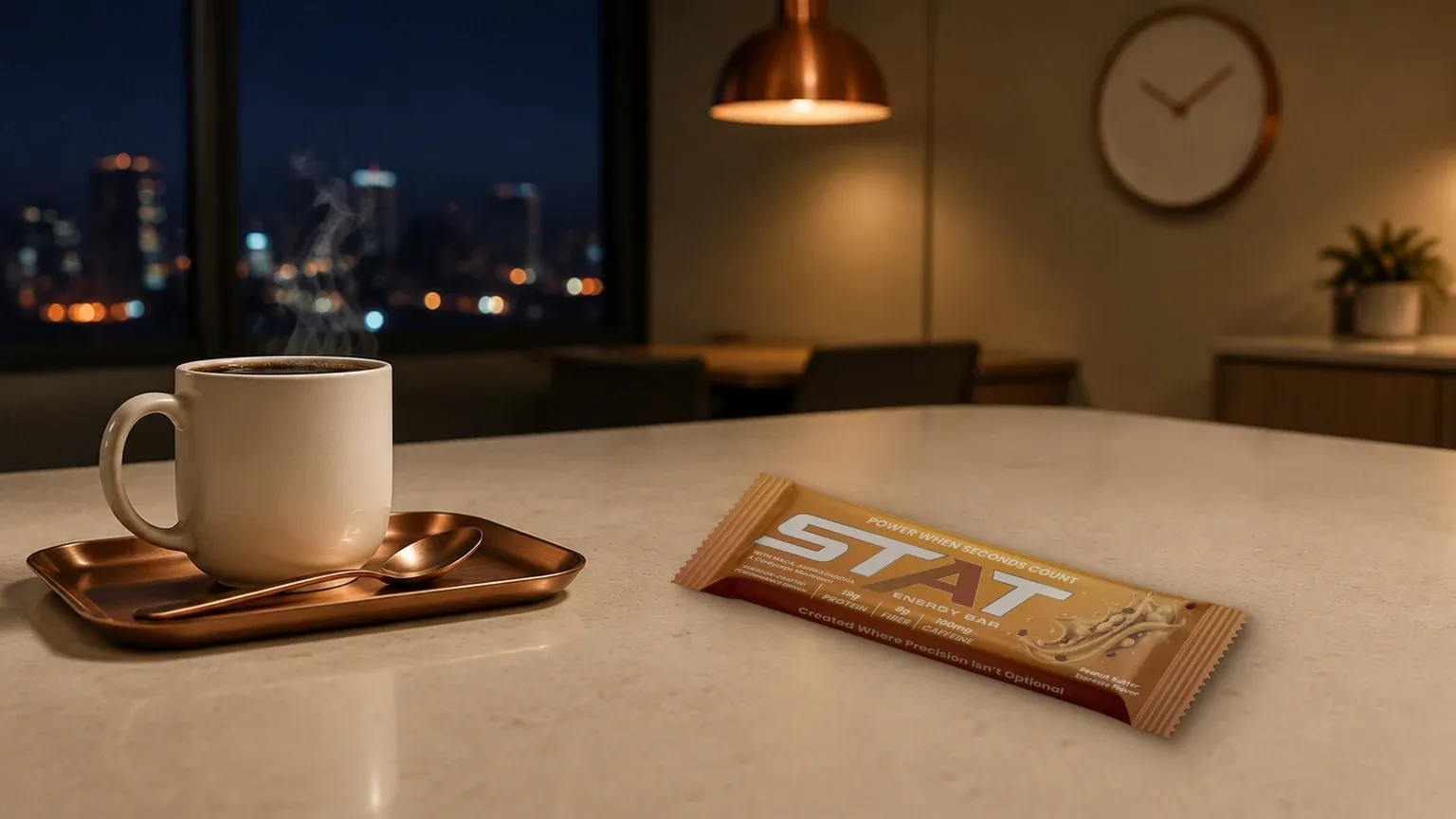 Steaming mug of black coffee on a copper tray in a quiet break room at night, with a real STAT Peanut Butter Espresso Energy Bar on the cream counter beside it.