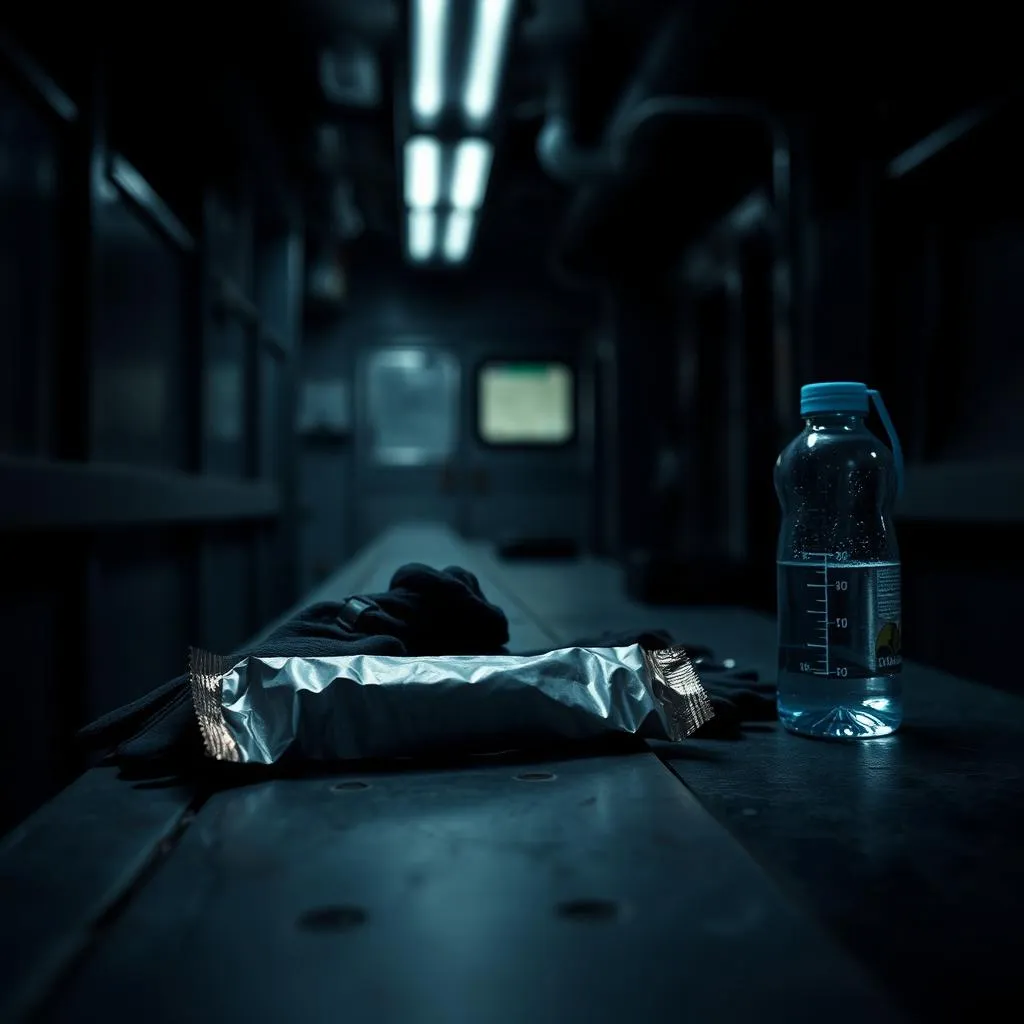 Night engine-bay bench with a plain wrapped snack beside turnout gloves and a water bottle, documentary, no logos.