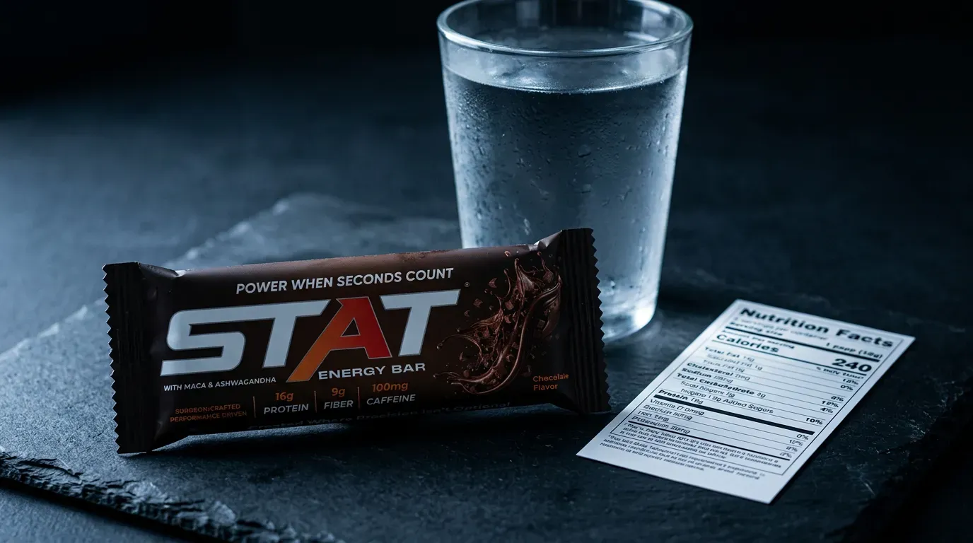 Dark still-life of a real STAT Chocolate Energy Bar wrapper beside a water glass and a printed Nutrition Facts panel under cool side light.