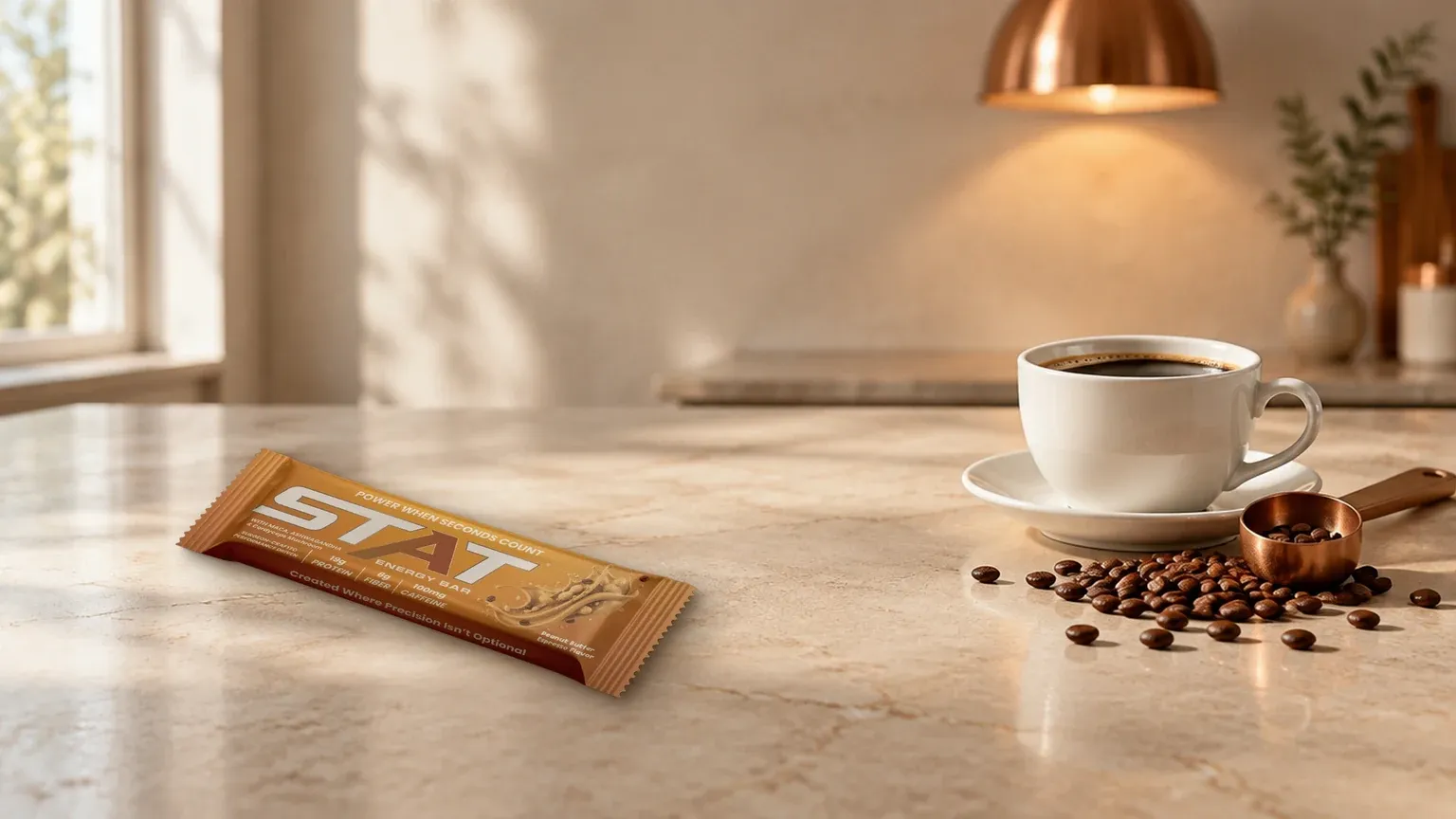 Real STAT Peanut Butter Espresso Energy Bar on a cream stone counter in morning light beside a white cup of black coffee, scattered coffee beans and a copper measuring scoop, under a copper pendant lamp.