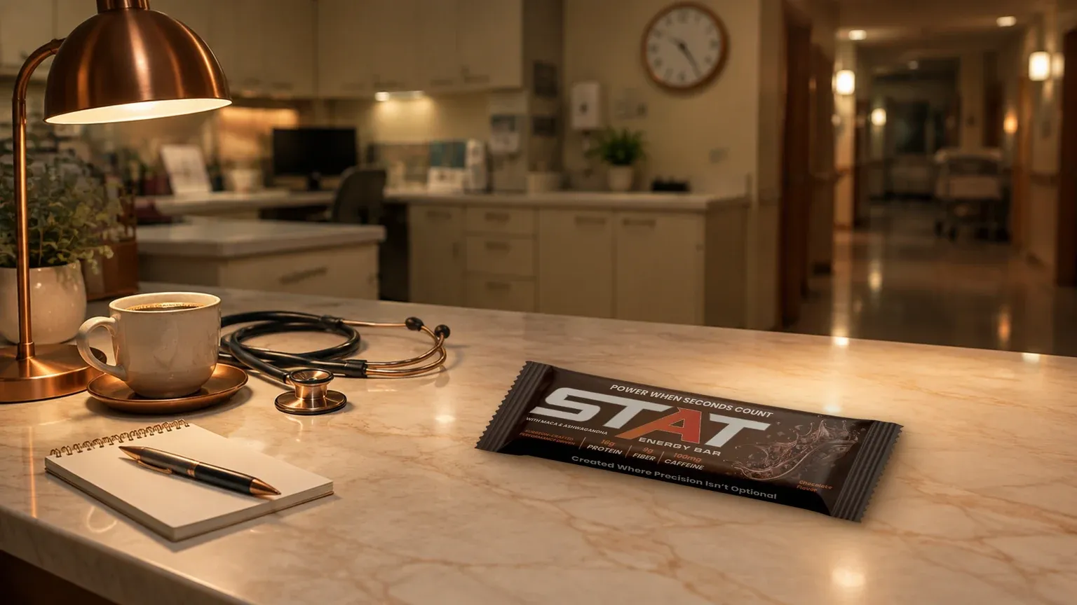 A real STAT Chocolate Energy Bar on a marble nurses' station counter beside a cup of coffee on a copper saucer, a stethoscope and a notepad under a copper desk lamp late in a shift.