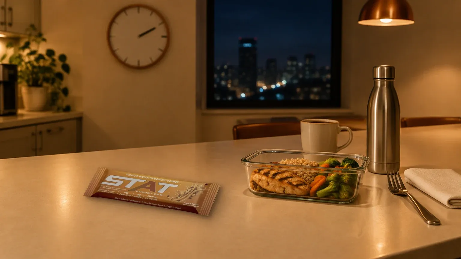 A real STAT Peanut Butter Espresso Energy Bar on a cream break room counter at night beside a glass meal prep container, a mug, a steel water bottle and a fork under a copper pendant light, with a wall clock and city lights in the window.