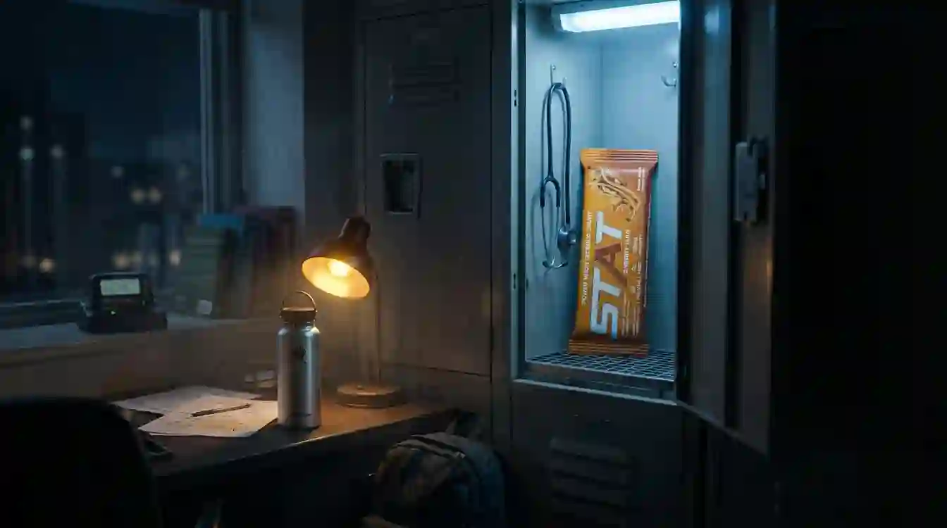 Dark night documentary shot of a call-room locker and desk lamp with a water bottle and a real STAT Peanut Butter Espresso Energy Bar under cool light.