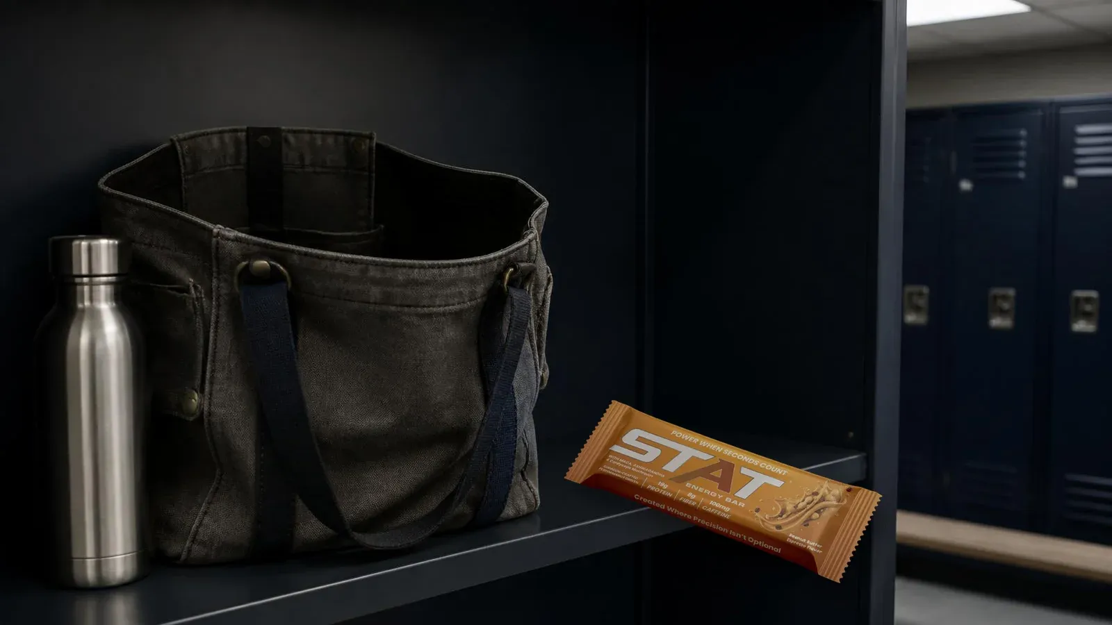 Open work bag on a dark locker shelf with a real STAT Peanut Butter Espresso Energy Bar beside a water bottle under fluorescent light.