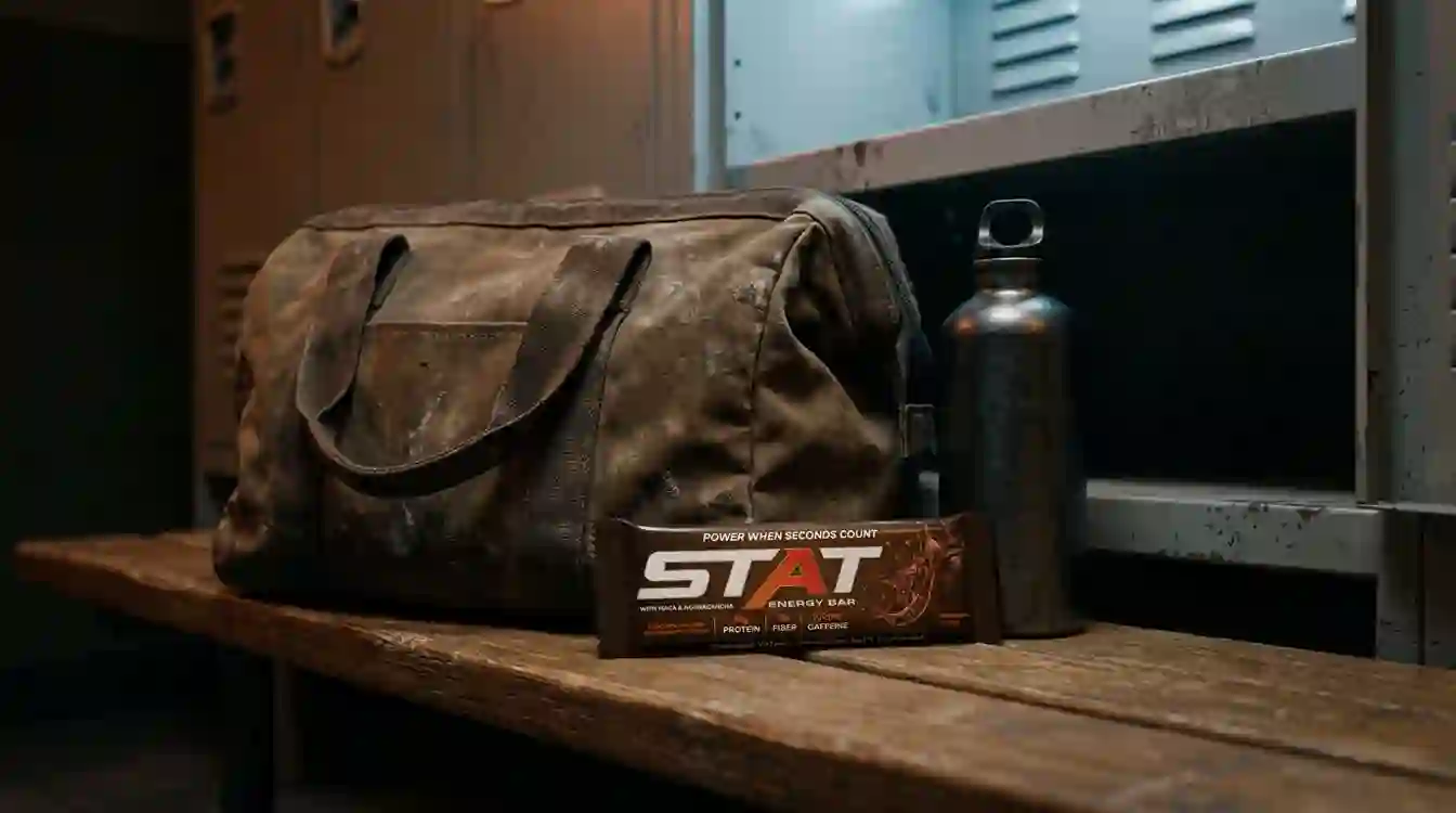 Dark documentary still-life of a shift bag and locker shelf with a water bottle and a real STAT Chocolate Energy Bar, different composition from other Chocolate blog heroes.