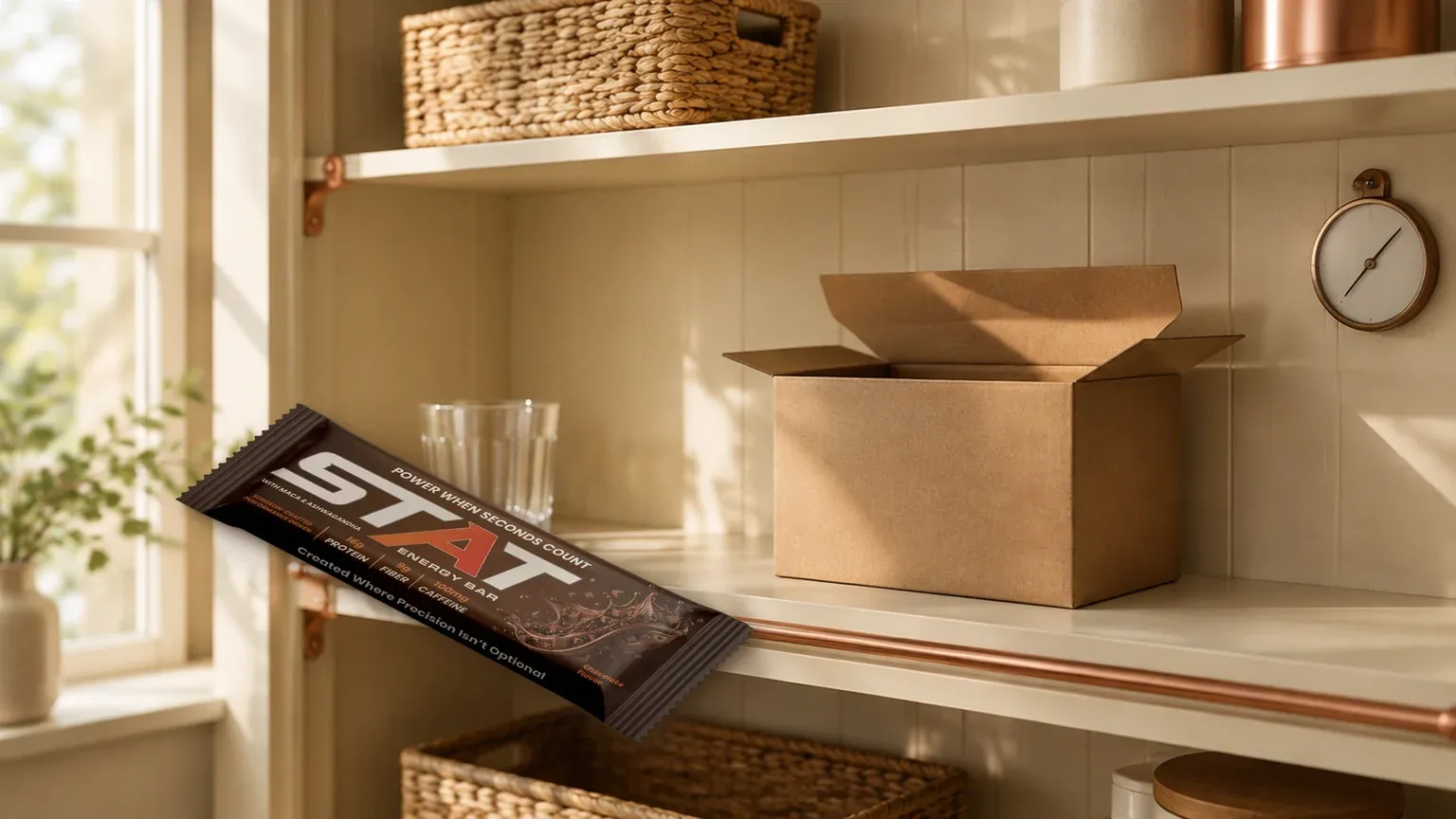 Real STAT Chocolate Energy Bar wrapper in the foreground of a cream pantry shelf with an open kraft shipping box, copper brackets, woven baskets, and morning window light.