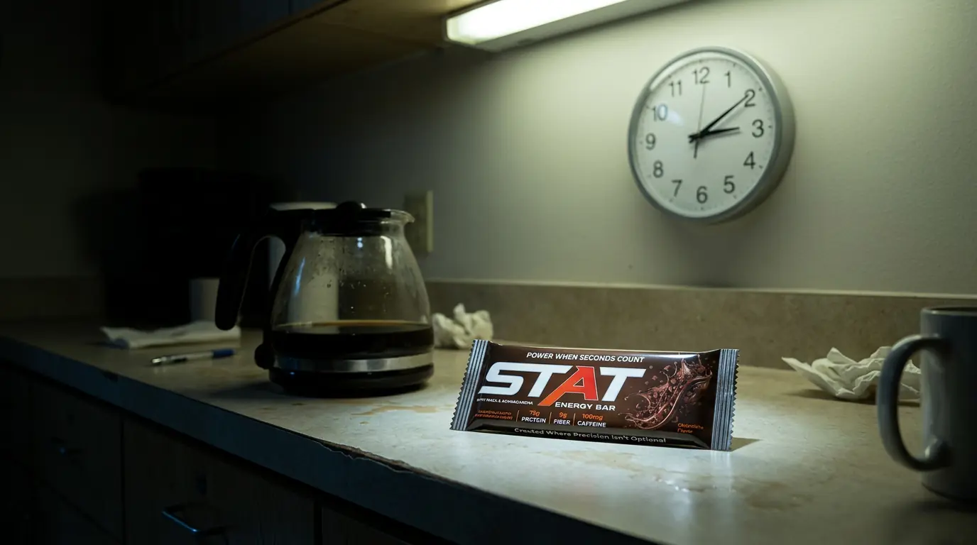 Night-shift break counter with a STAT Chocolate Energy Bar next to a coffee carafe, wall clock at 2:14, documentary.