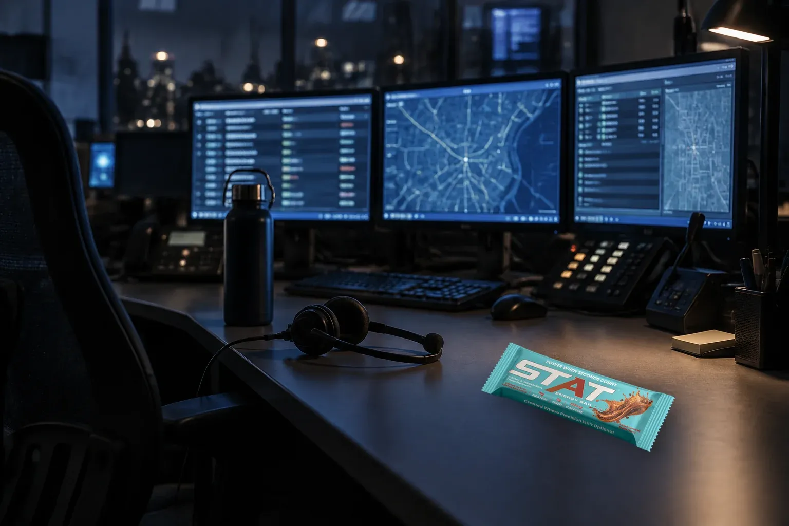 Dark documentary shot of a 911 dispatch console headset and water bottle with a real STAT Salted Caramel Coffee Energy Bar under cool screen light.