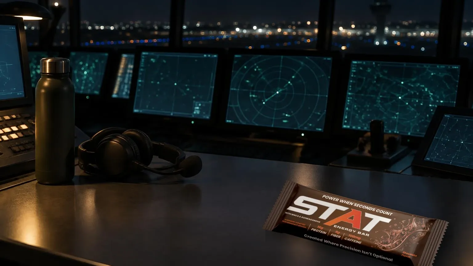 Dark documentary shot of a night air-traffic desk headset and water bottle with a real STAT Chocolate Energy Bar under cool screen light.