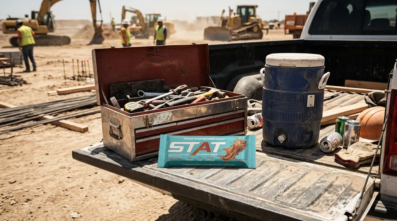 Documentary shot of a jobsite truck tailgate and open toolbox in heat-haze light with a water jug and a real STAT Salted Caramel Coffee Energy Bar on the steel surface.