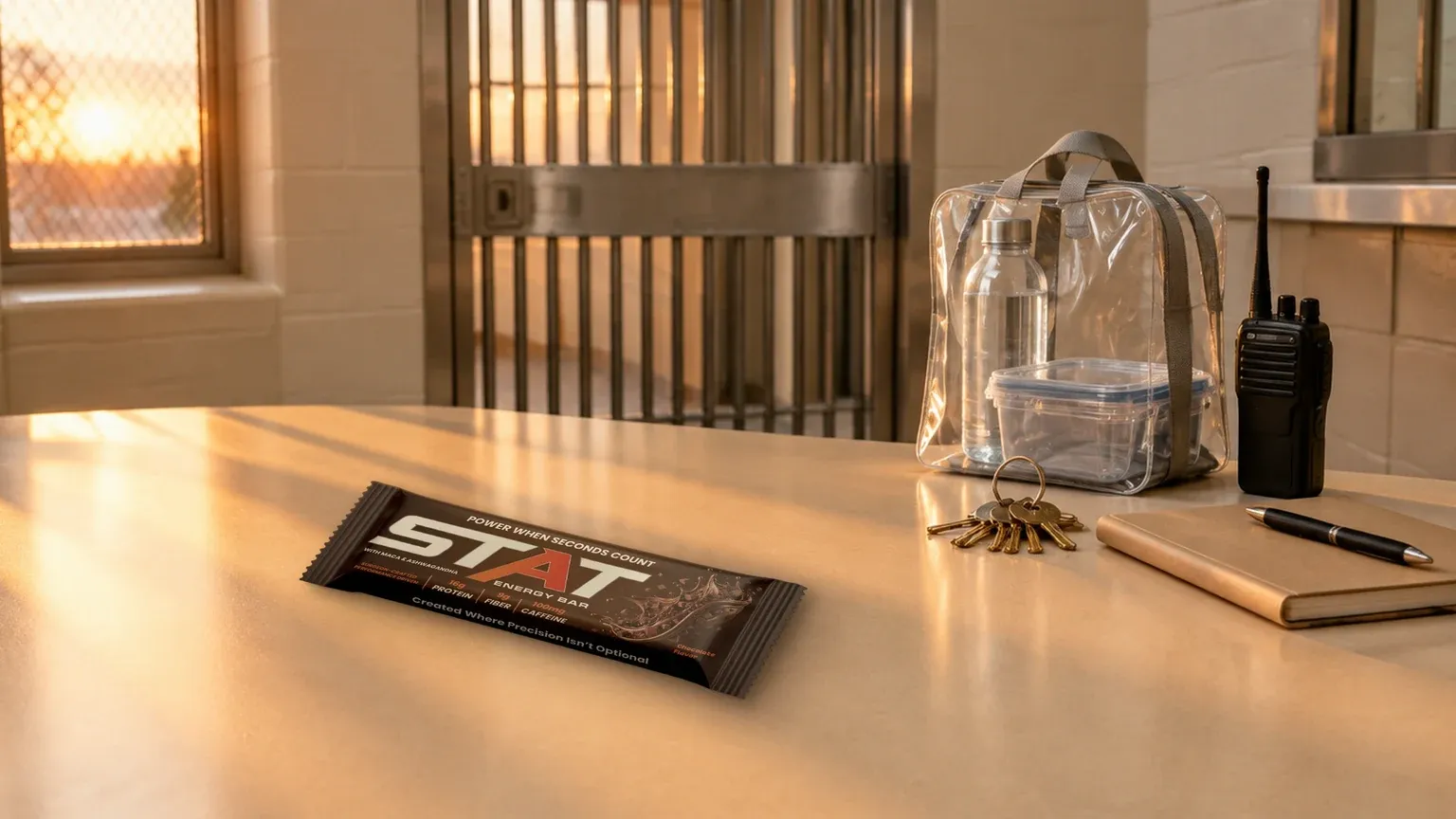 Real STAT Chocolate Energy Bar on a cream officer station desk beside a clear plastic lunch bag holding a water bottle and a clear food container, a ring of brass keys, a two-way radio, and a tan logbook, with copper sunrise light through a wired window and a steel barred gate behind.