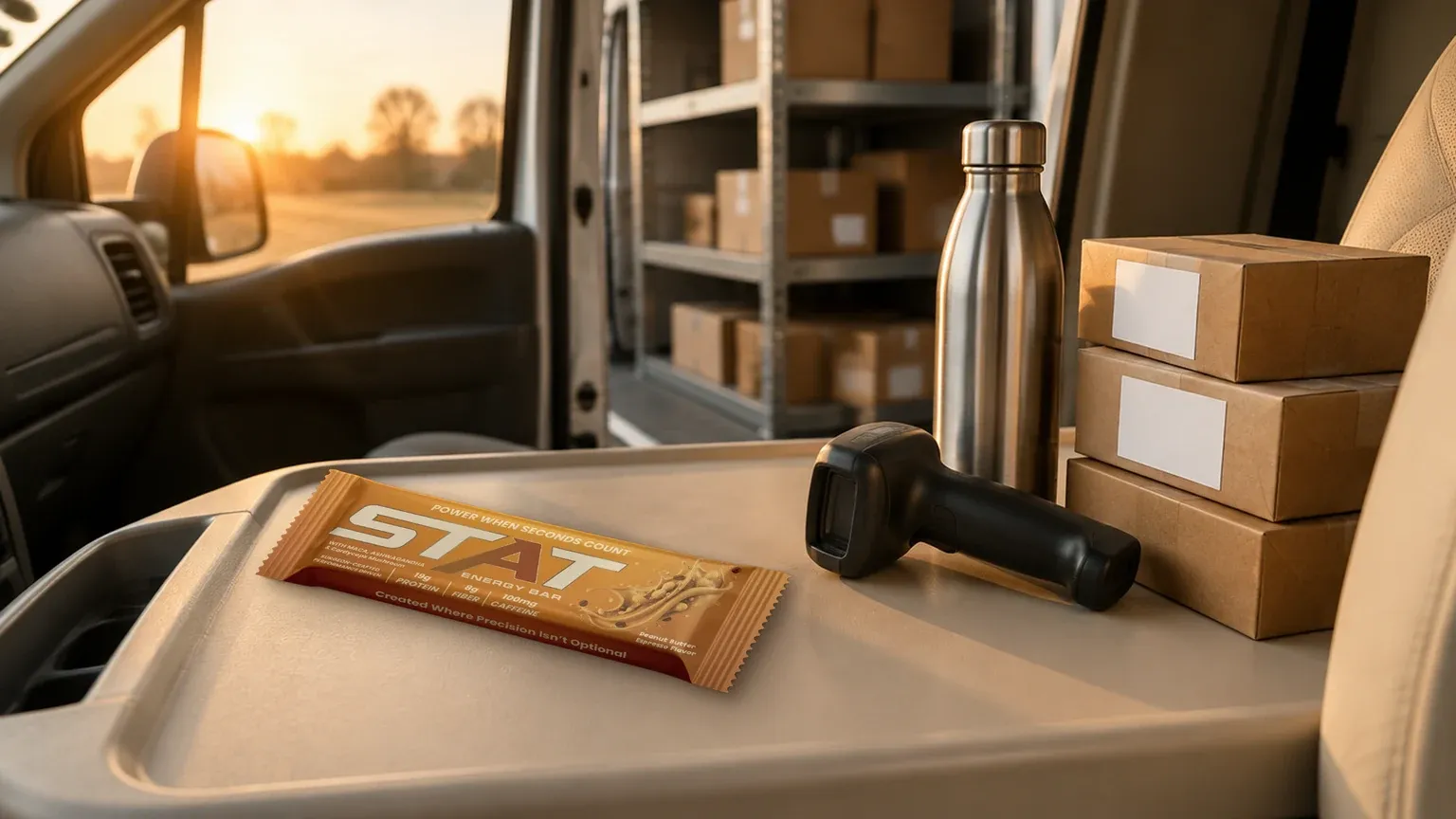 Real STAT Peanut Butter Espresso Energy Bar on a cream center console tray inside a parked delivery van beside a handheld package scanner, a stainless water bottle, and stacked kraft parcels, with sunrise light through the windshield and parcel shelving behind the open side door.