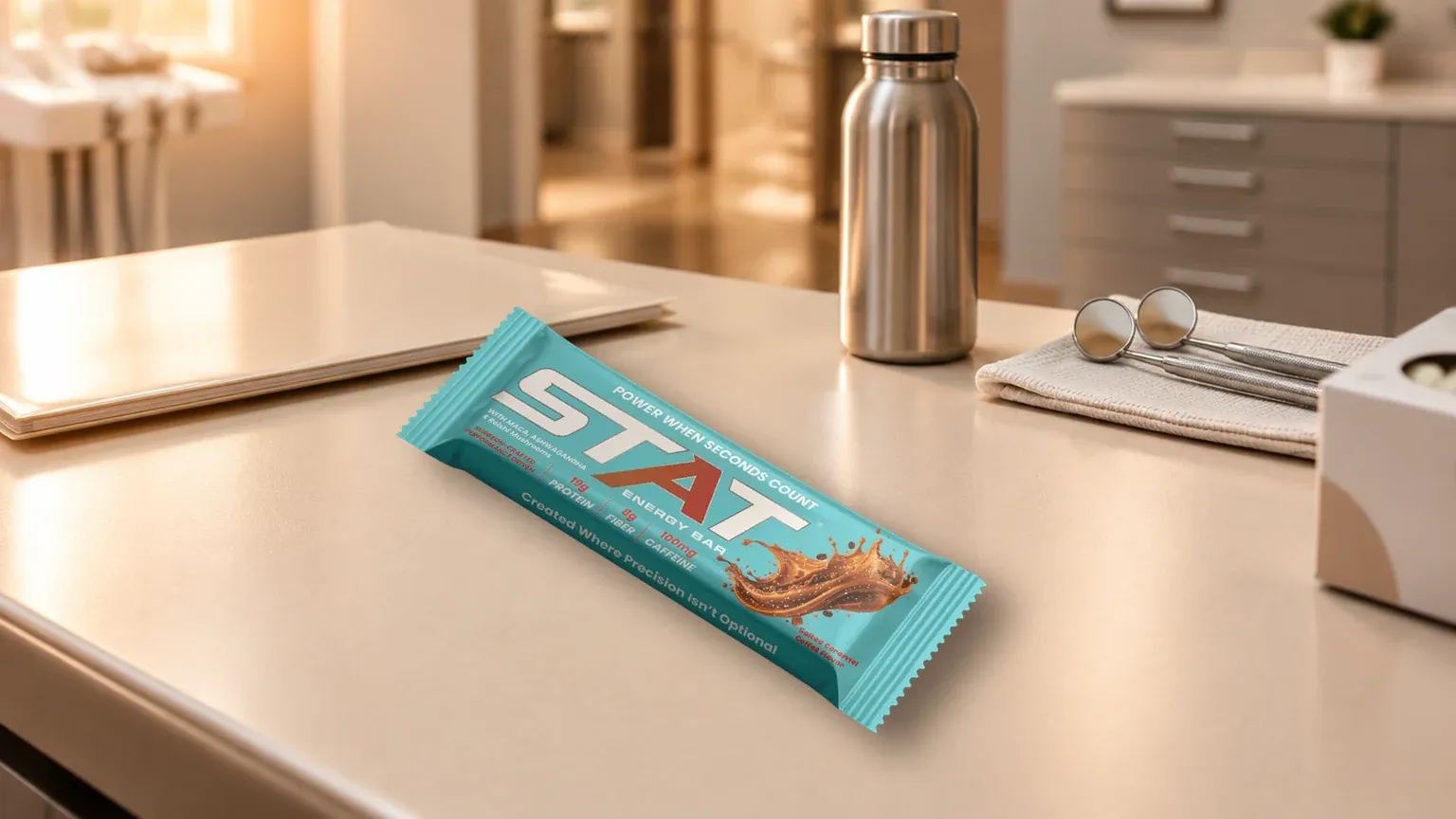 Real STAT Salted Caramel Coffee Energy Bar on a cream dental hygienist operatory side table between patients, with a face-down laminated chart, stainless water bottle, and clean mirrors on a folded cloth; warm copper key light and soft clinic blur beyond.
