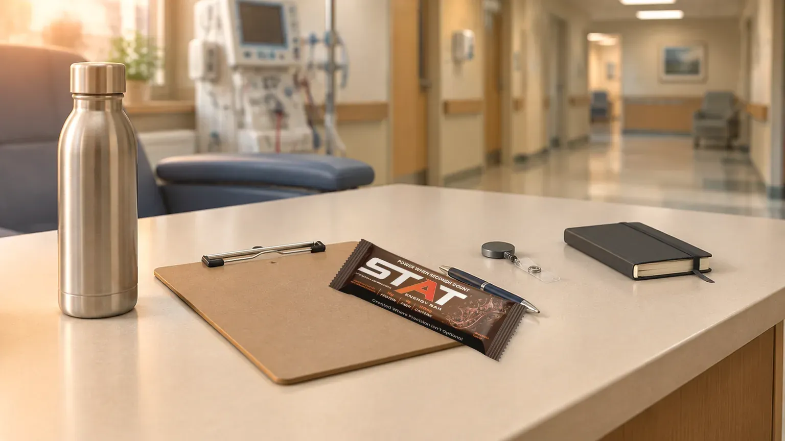 Real STAT Chocolate Energy Bar on a cream dialysis clinic staff desk between treatment turns, with a face-down clipboard, pen, badge reel, stainless water bottle, and soft clinic hallway blur beyond a treatment chair.