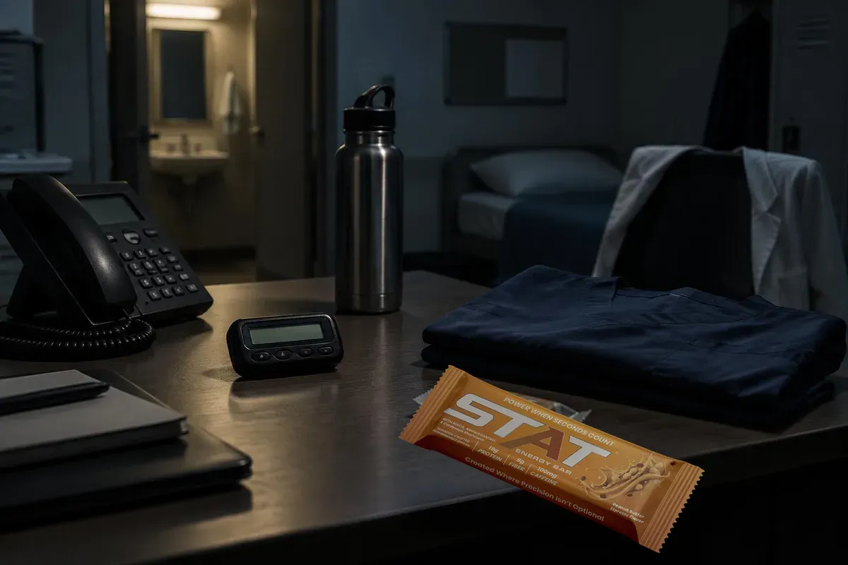 Dark documentary shot of a hospital call-room desk with a pager, water bottle, and a real STAT Peanut Butter Espresso Energy Bar under cool overhead light.