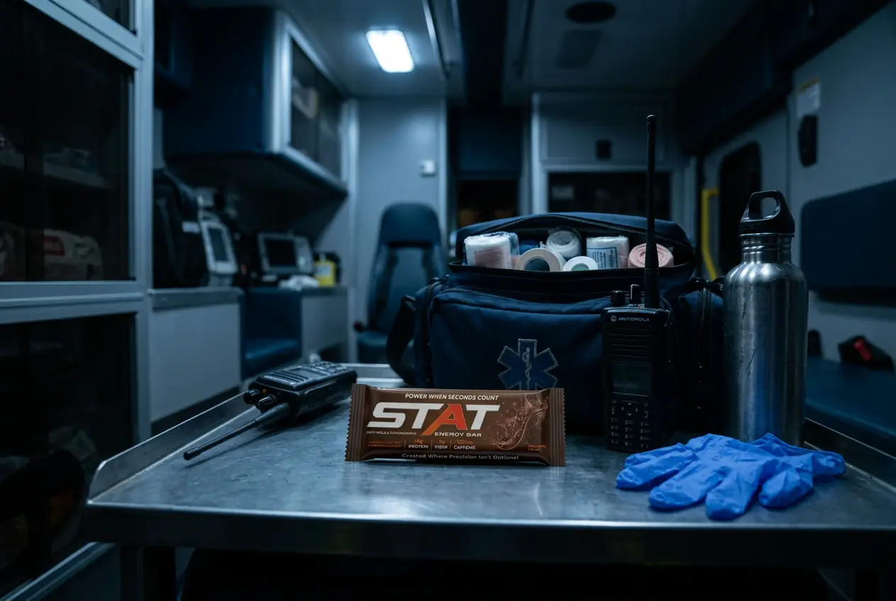 Dark documentary shot of a medic bag and radio on an ambulance bench with a real STAT Chocolate Energy Bar and a water bottle under cool compartment light.
