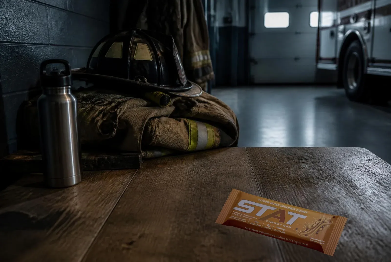 Dark documentary shot of turnout gear and a water bottle on a firehouse bench with a real STAT Peanut Butter Espresso Energy Bar under cool bay light.