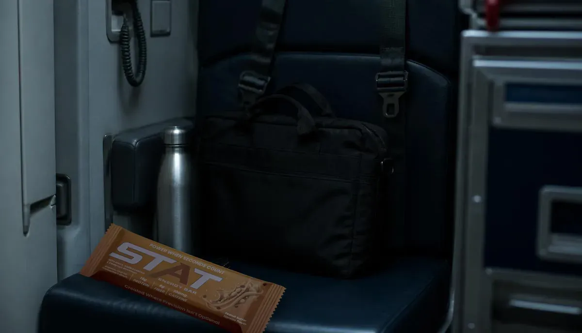 Dark documentary shot of a cabin-crew jumpseat bag and water bottle with a real STAT Peanut Butter Espresso Energy Bar under cool cabin light.
