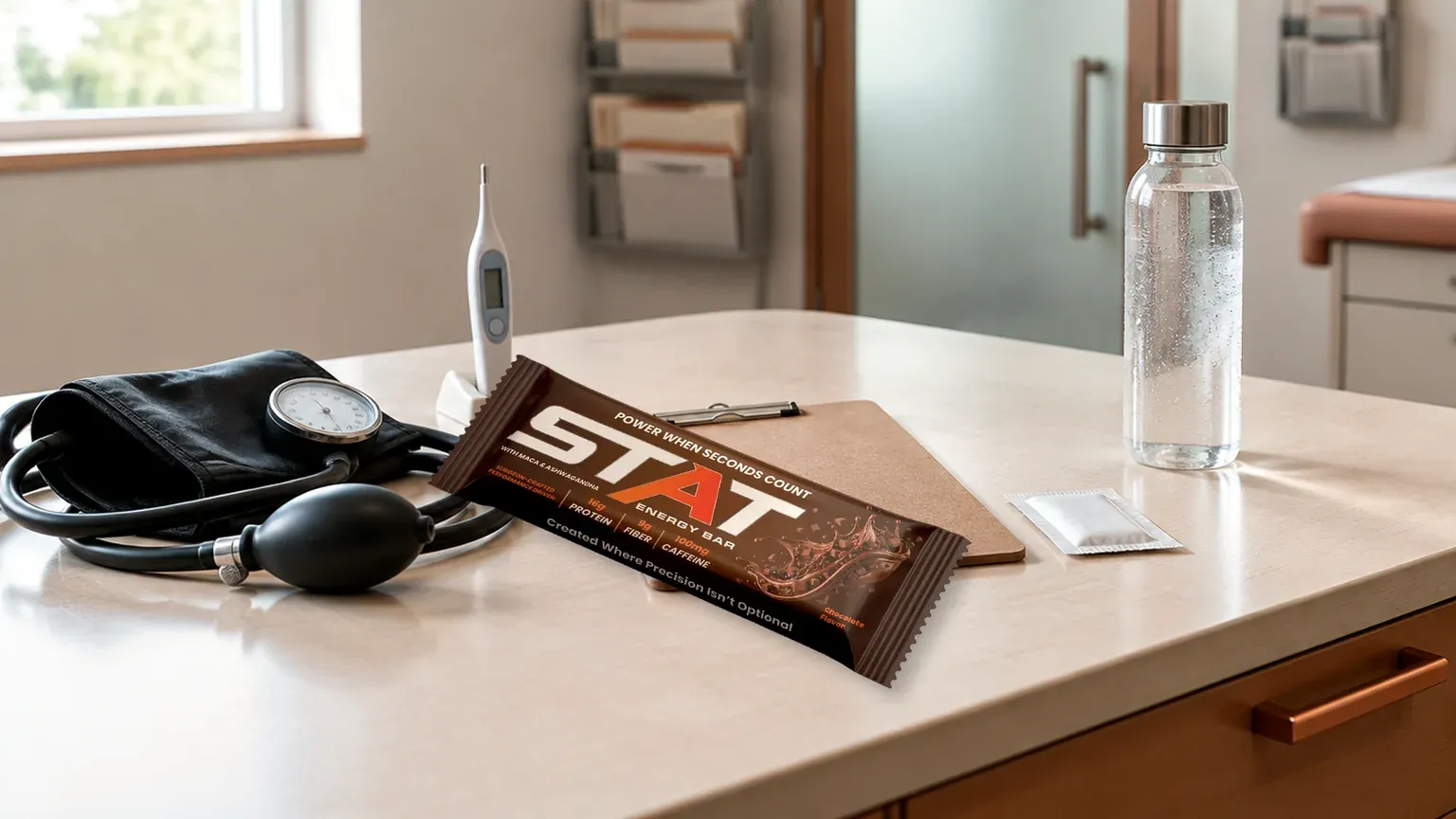 Real STAT Chocolate Energy Bar on a cream medical assistant clinic desk between rooming patients, with a coiled blood pressure cuff, digital thermometer, face-down clipboard, and water bottle; warm copper key light and soft clinic blur beyond.
