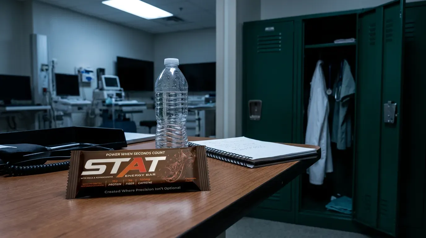 Dark documentary shot of a hospital call-room locker and workroom desk with a water bottle and a real STAT Chocolate Energy Bar under cool overhead light.