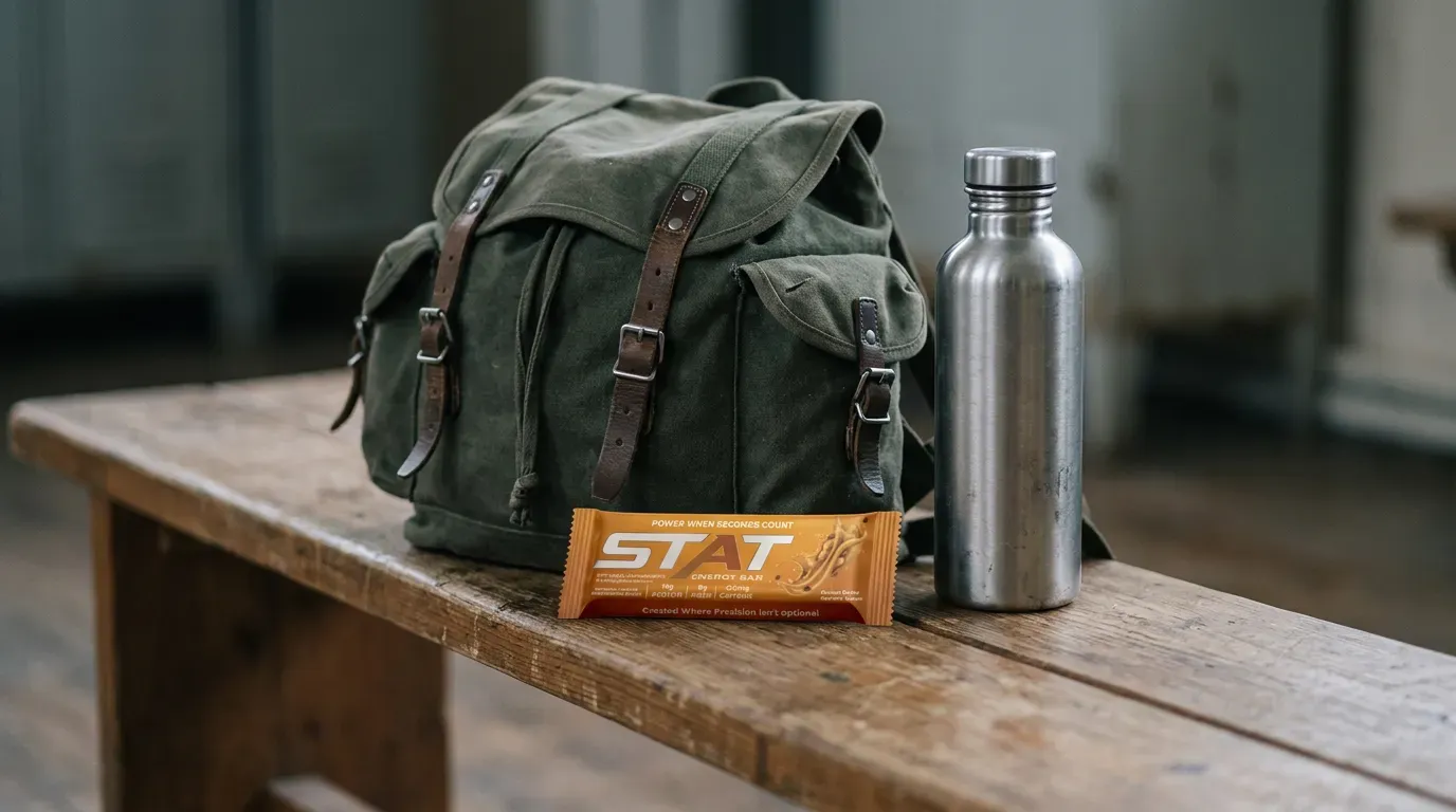 Dark documentary shot of a rucksack and water bottle on a bench with a real STAT Peanut Butter Espresso Energy Bar, no weapons and no costume uniform, under cool indoor light.