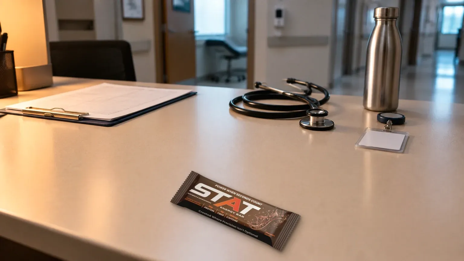 Real STAT Chocolate Energy Bar on a cream nurse practitioner clinic workstation between patients, with a face-down chart, coiled stethoscope, badge reel, and stainless water bottle; warm copper key light and soft clinic hallway blur beyond.