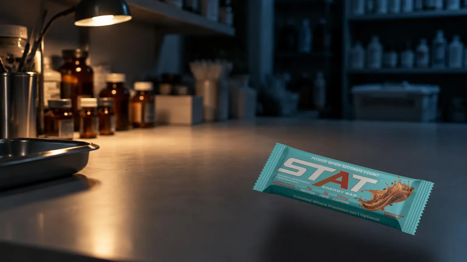 Dark documentary shot of a quiet pharmacy bench with a real STAT Salted Caramel Coffee Energy Bar and a water bottle under cool task lighting.