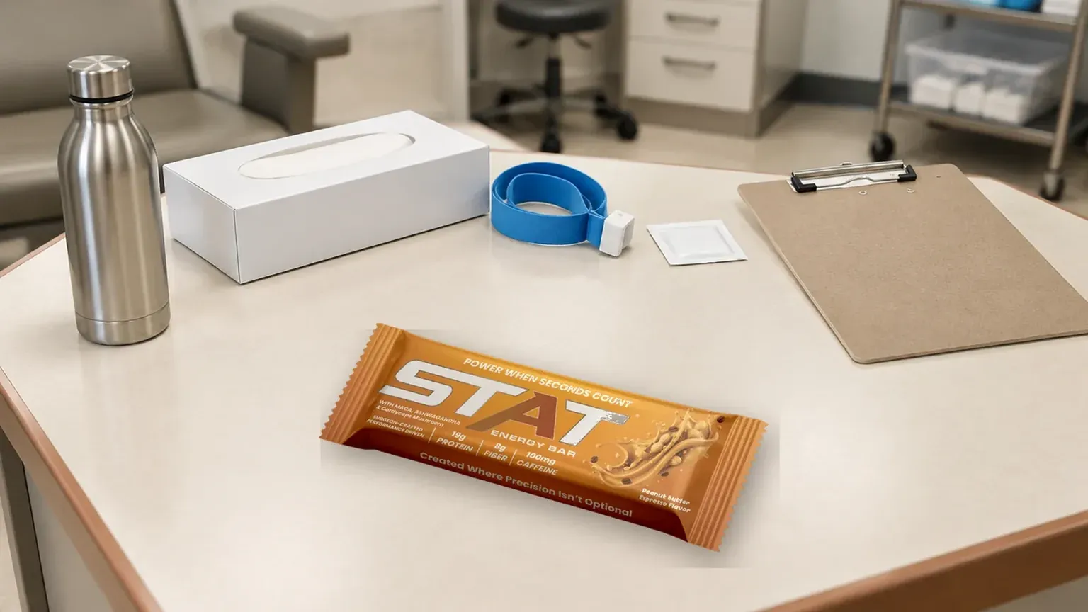 Real STAT Peanut Butter Espresso Energy Bar on a cream phlebotomy draw-station desk between draws, with an unbranded blue tourniquet, gloves box silhouette, face-down clipboard, stainless water bottle, and soft clinic lighting.