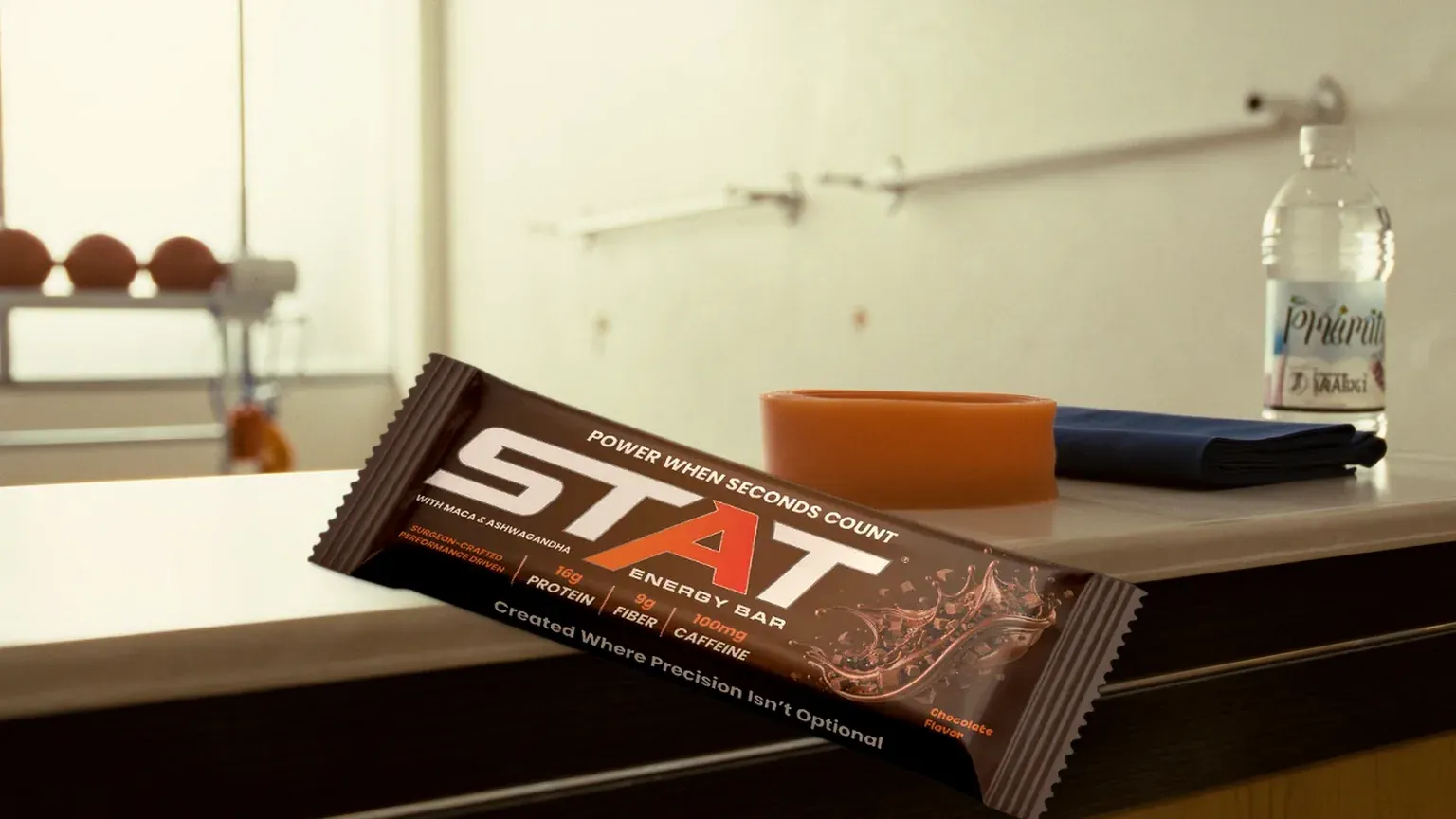 Real STAT Chocolate Energy Bar on a cream outpatient physical therapy treatment table between patients, with an orange resistance band, folded navy therapy band, and water bottle; warm copper key light and soft clinic blur beyond.