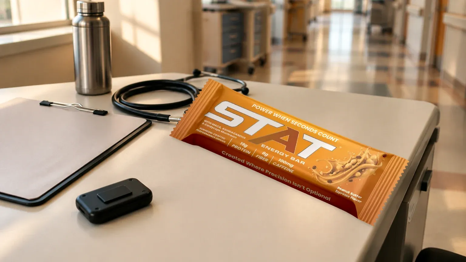 Real STAT Peanut Butter Espresso Energy Bar on a cream physician assistant hospital workstation between patients, with a coiled stethoscope, face-down clipboard, pager, and stainless water bottle; warm copper key light and soft clinic hallway blur beyond.