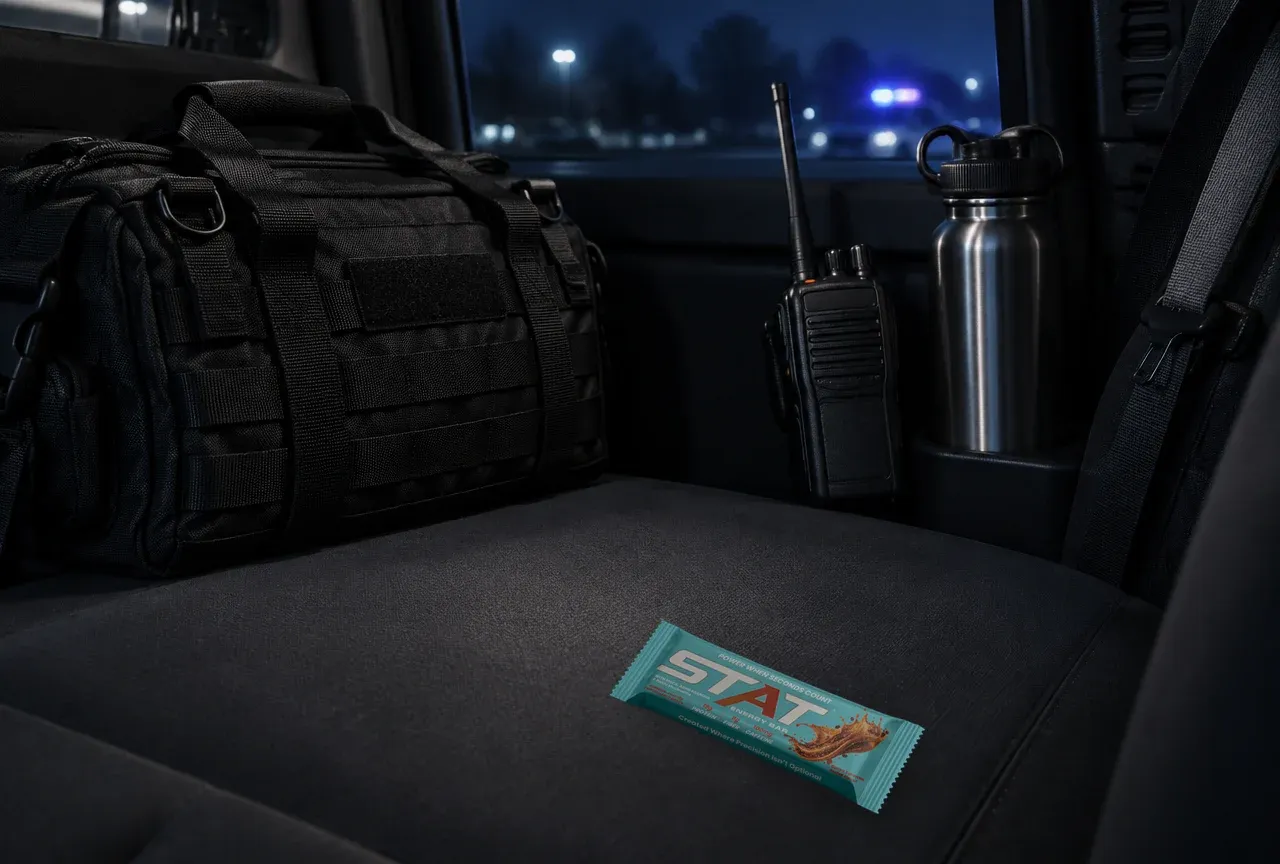 Dark documentary shot of a duty bag and radio on a patrol-car seat with a real STAT Salted Caramel Coffee Energy Bar and a water bottle under cool night light.