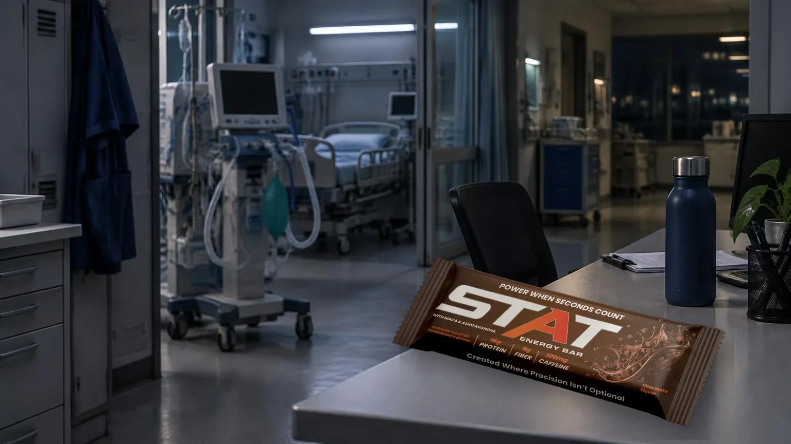 Dark documentary shot of a quiet respiratory care station with a real STAT Chocolate Energy Bar and a water bottle under cool clinical lighting.