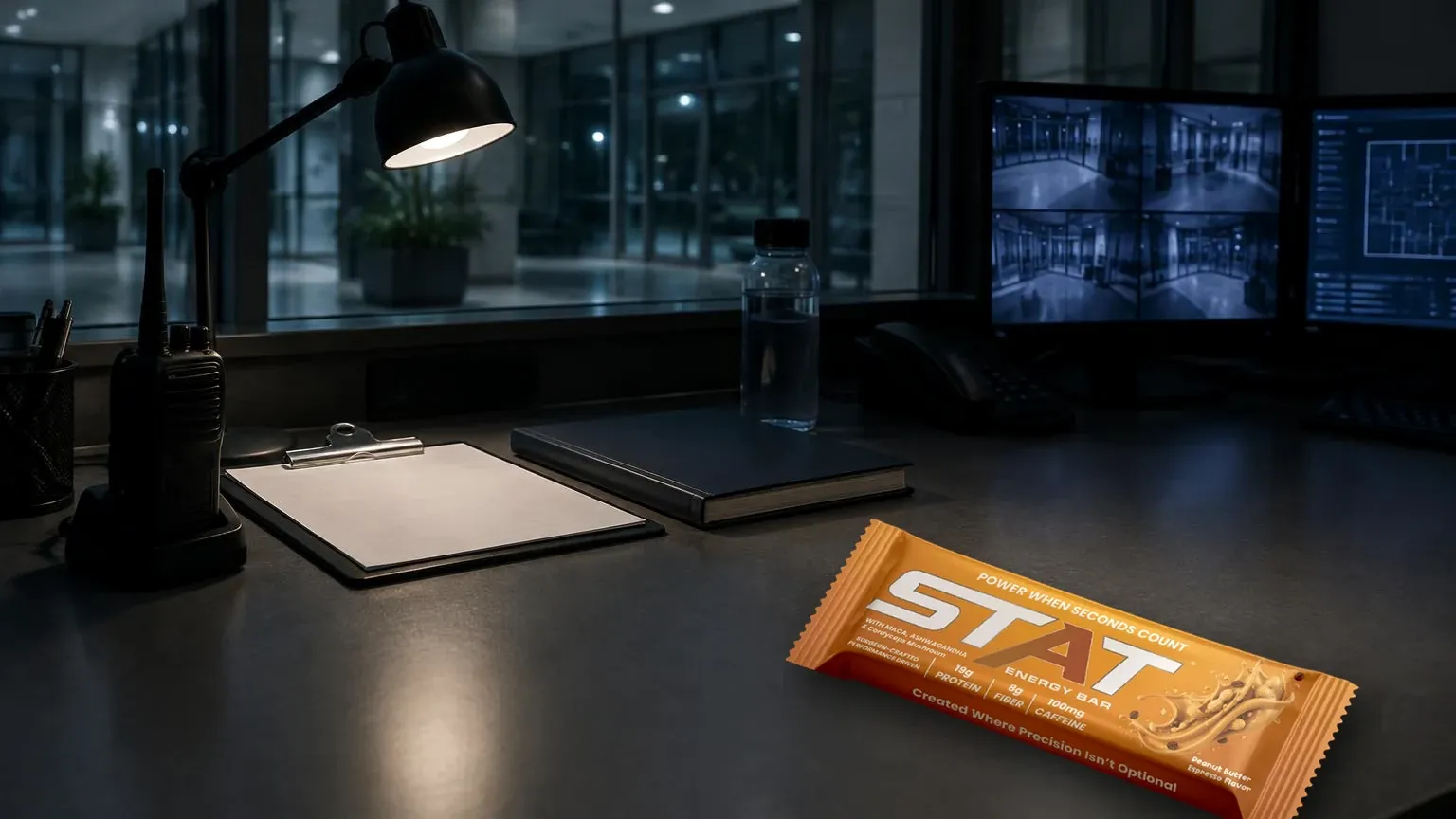 Dark documentary shot of a night security desk radio and log book with a real STAT Peanut Butter Espresso Energy Bar and a water bottle under cool desk-lamp light.