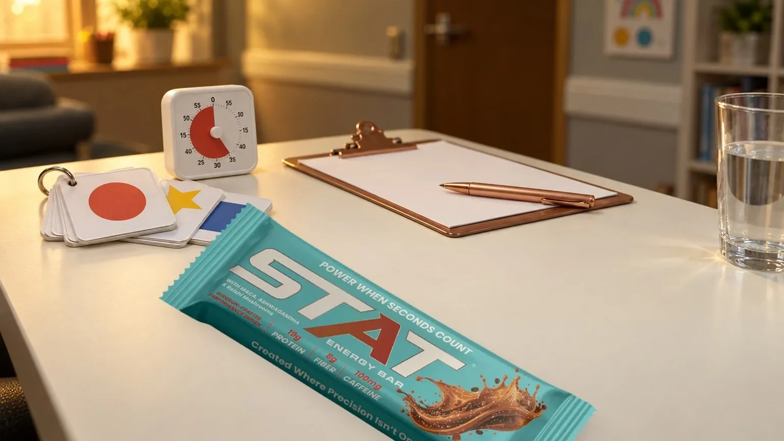 Real STAT Salted Caramel Coffee Energy Bar on a cream speech-language pathology clinic desk between sessions, with laminated cue cards, a small timer, clipboard, and water bottle; warm copper key light and soft clinic blur beyond.