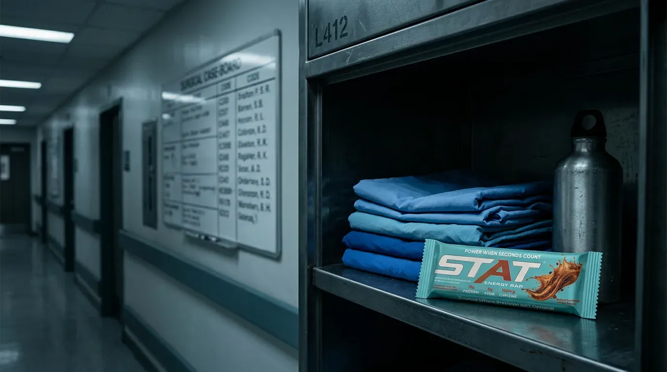 Dark documentary shot of an OR locker and case-board desk with a water bottle and a real STAT Salted Caramel Coffee Energy Bar under cool hallway light. No patients.