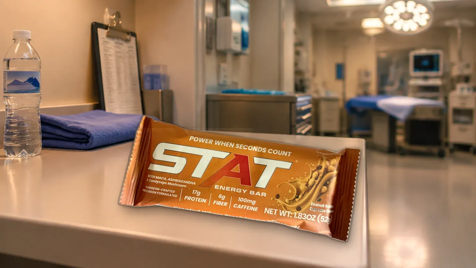 Real STAT Peanut Butter Espresso Energy Bar on a cream scrub-adjacent OR counter between cases, with a water bottle and folded blue surgical towel; warm copper key light and soft OR lights blurred beyond the doorway.