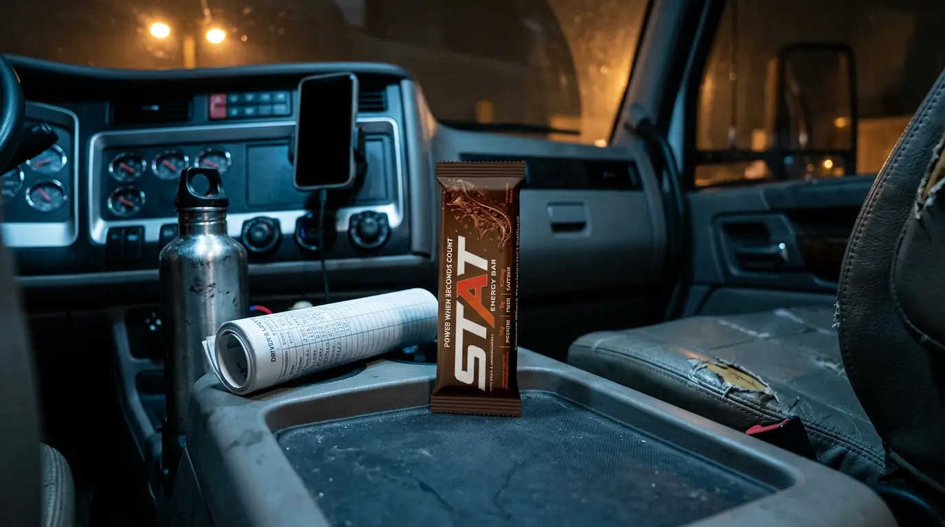 Dark documentary shot of a truck cab seat and water bottle with a real STAT Chocolate Energy Bar on the console under cool night dashboard light.