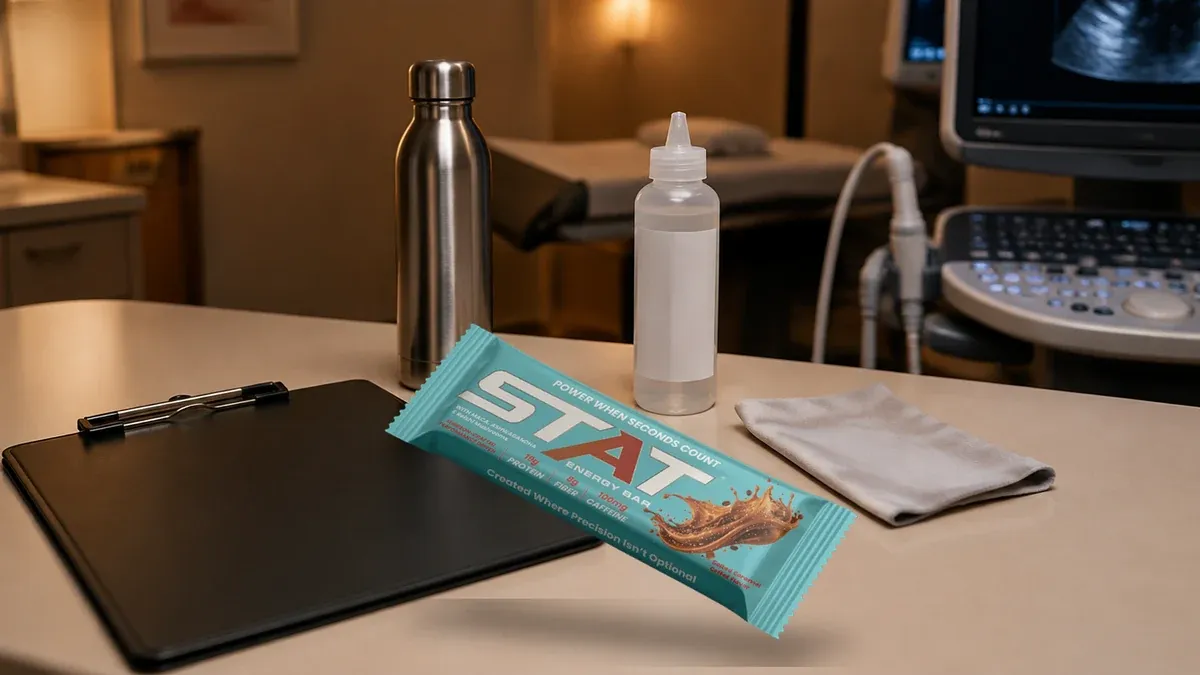 Real STAT Salted Caramel Coffee Energy Bar on a cream ultrasound sonography desk between scans, with a face-down clipboard, stainless water bottle, badge reel, unbranded gel bottle silhouette, and soft clinic lighting with an ultrasound machine blurred beyond.