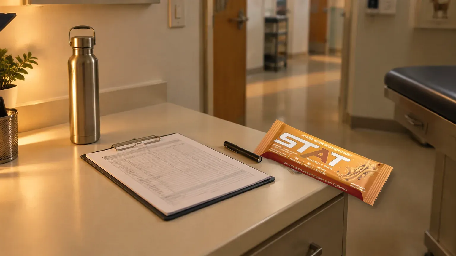 Real STAT Peanut Butter Espresso Energy Bar on a cream veterinary clinic treatment desk between appointments, with a face-down clipboard chart, pen light, badge reel, and stainless water bottle; warm copper key light and soft clinic hallway blur with exam table edge beyond.