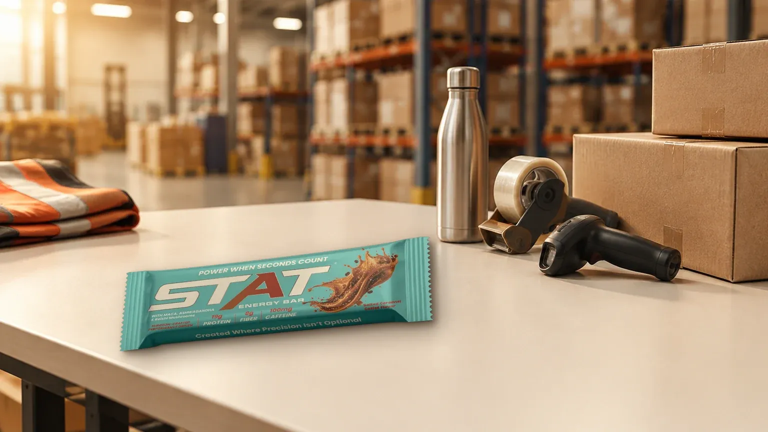 Real STAT Salted Caramel Coffee Energy Bar on a cream warehouse packing station beside kraft shipping boxes, a packing tape dispenser, a handheld barcode scanner, a stainless water bottle, and a folded high-visibility vest, with pallet racking blurred under warm high-bay lights.