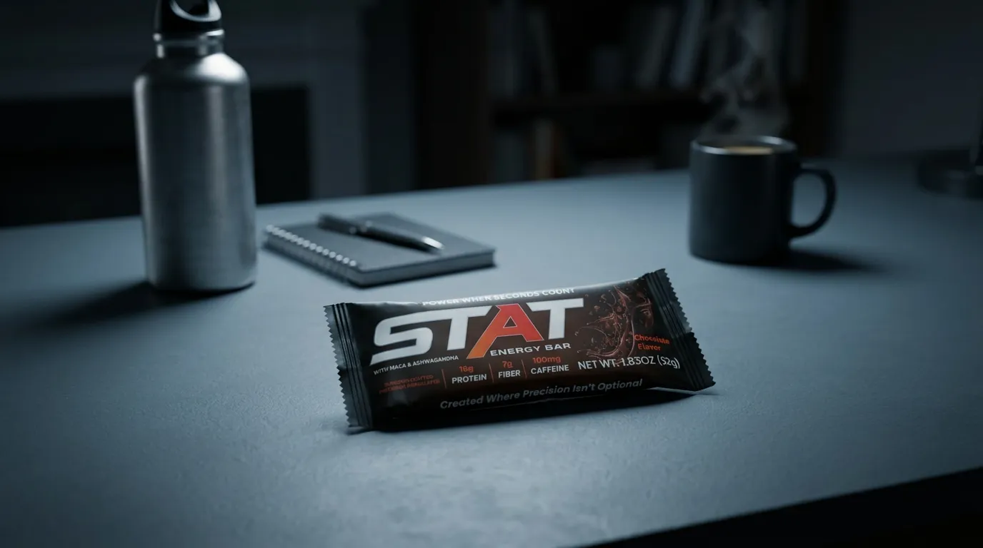 Dark documentary desk shot with a real STAT Chocolate Energy Bar beside a water bottle and notepad under cool overhead light, wrapper protein and caffeine callouts readable.