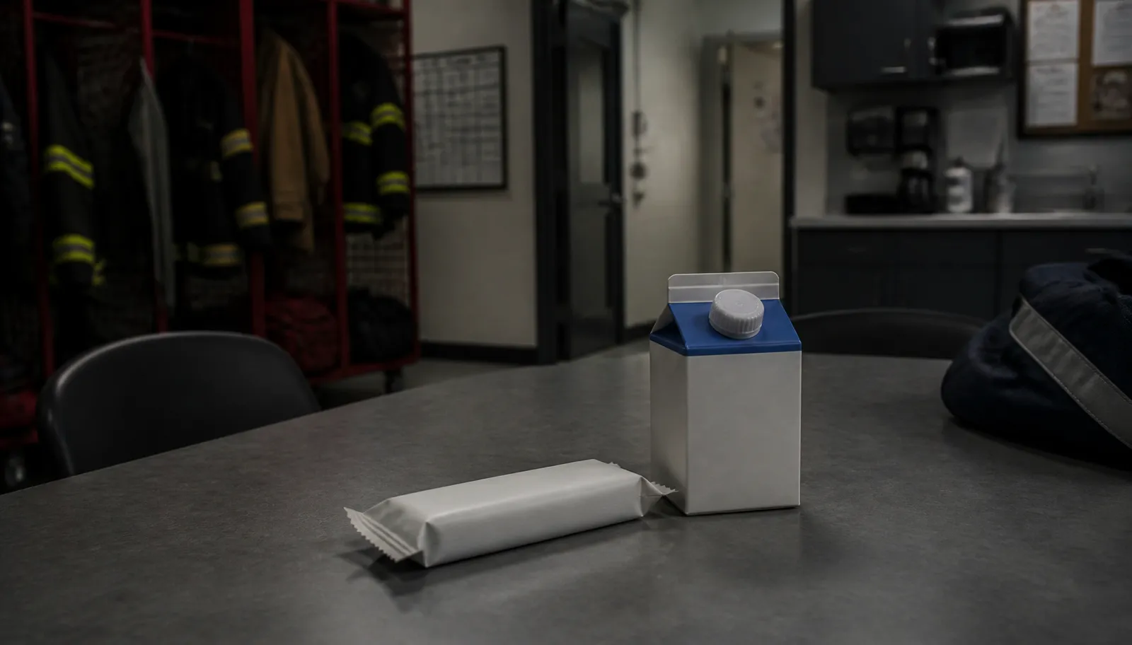 Unmarked protein bar beside a small carton of milk on a break-room table, cool overhead light, documentary, no logos.