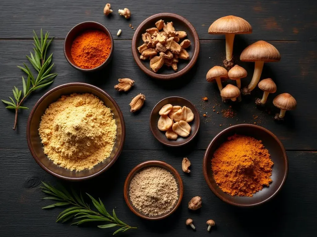 Artful arrangement of maca, ashwagandha and cordyceps adaptogen ingredients